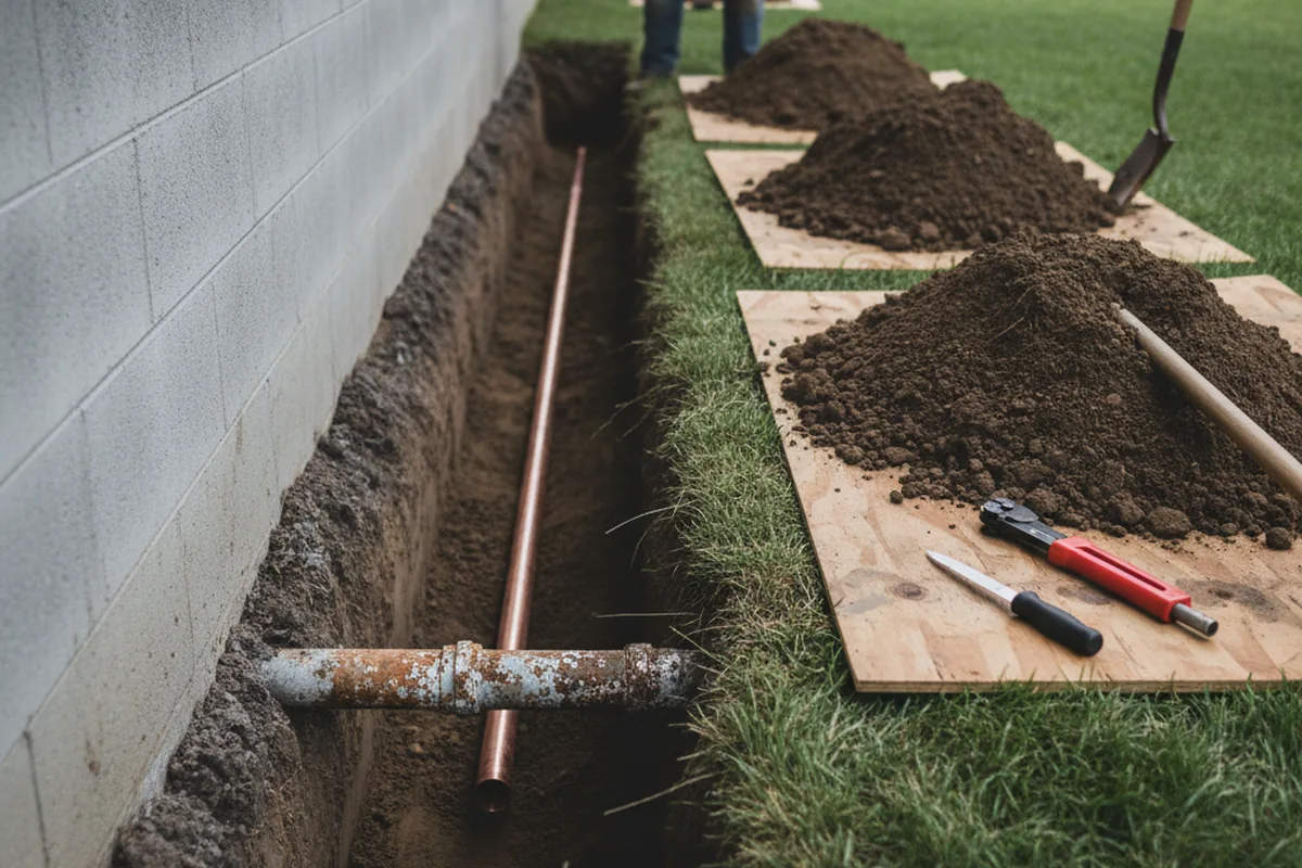Excavated water line trench during Sewer Line Repair in Greenport
